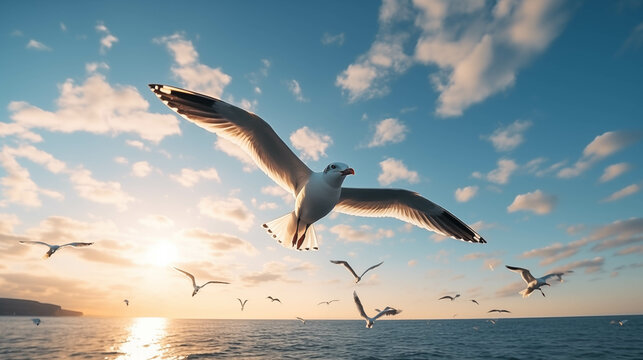 Seagulls are flying in the sky.