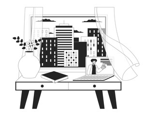 Cozy study space at window black and white 2D line cartoon object. Curtain blowing in wind, e learning laptop desk isolated vector outline item. Afternoon cityview monochromatic flat spot illustration