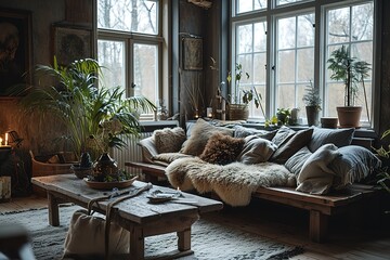 The Nordic living room features rustic elements such as a sheepskin rug placed on a bench next to the sofa, accompanied by fur cushions. The overall setup creates a warm and inviting atmosphere - obrazy, fototapety, plakaty
