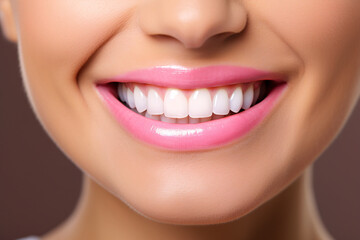 Fototapeta premium Closeup healthy white teeth and pink gum of a woman. Dental care and teeth whitening concept. Oral care dentistry. Beautiful smile. Perfect healthy teeth. Confident dental beauty.