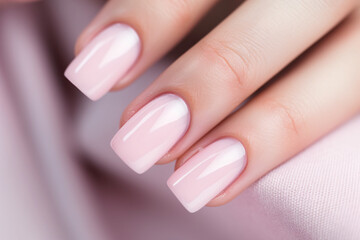 Glamour woman hand with light pink nail polish on her fingernails. Pink nail manicure with gel...