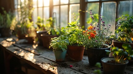 Pots with vegetables or flowers on a wooden table in a greenhouse. Sunlight falls on the plants through the glass. Concept: growing crops in a closed space, farming.