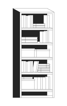 Bookcase living room black and white 2D line cartoon object. Carton boxes books bookshelves isolated vector outline item. Bookstand. Bookstore, library furniture monochromatic flat spot illustration