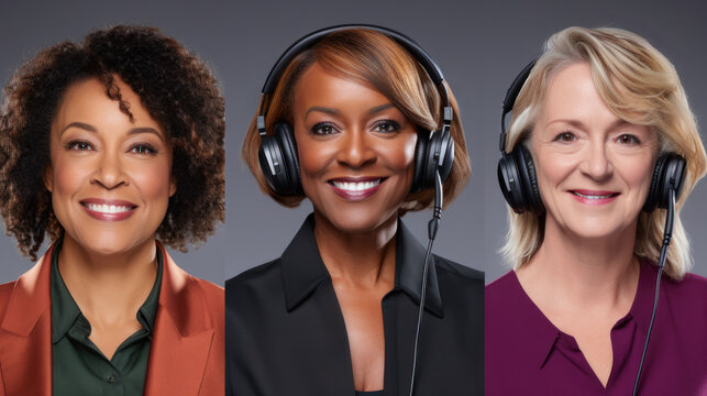 Three professional women of diverse ethnicities smiling confidently while wearing customer service headsets against a gray background.