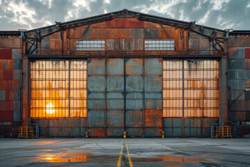 exterior of big abandoned old warehouse with windows at night.