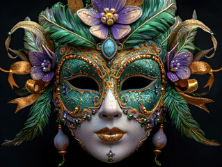 A close up of a mask on a black background, Mardi Gras mask with colorful feathers.