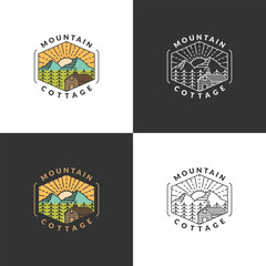 Mountain morning and cottage badge vector illustration with monoline or line art style
