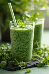 Green healthy smoothie in glass jar: banana, kiwi, spinach, green apple on rustic background.