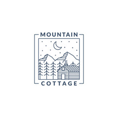Mountain night and cottage badge vector illustration with monoline or line art style