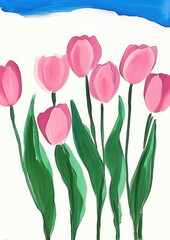 simple painting of pink closed tulips with, white background, blue color on top. generative AI