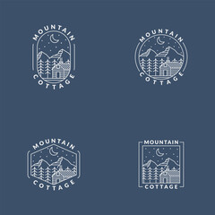 Mountain night and cottage badge vector illustration with monoline or line art style