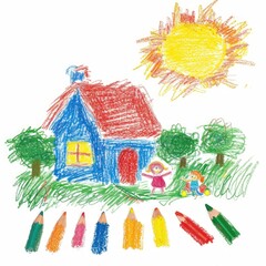 Naive children's drawing with colored chalk on white paper, made by hand by a child, family and a house, isolated on white background. Generative AI
