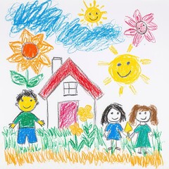 Naive children's drawing with colored chalk on white paper, made by hand by a child, family and a house, isolated on white background. Generative AI