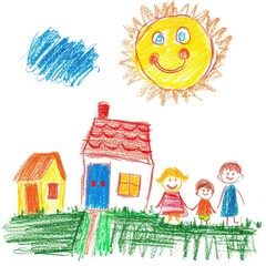 Naklejka premium Naive children's drawing with colored chalk on white paper, made by hand by a child, family and a house, isolated on white background. Generative AI
