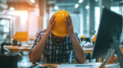 Construction engineer stress of Construction project failure.Unemployment in the Covid Virus Crisis 19. The impact of the outbreak of the virus Covid 19. Business Failure Crisis - obrazy, fototapety, plakaty