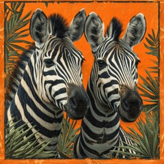 Fototapeta premium Two Zebra with Leaf and Frame. Generative AI.