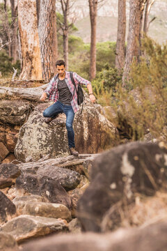 Group of guys hiking in the woods