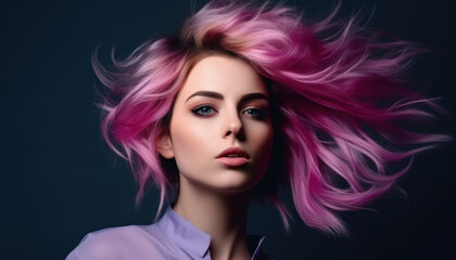 Vibrant Pink Hair Woman on Dark Background