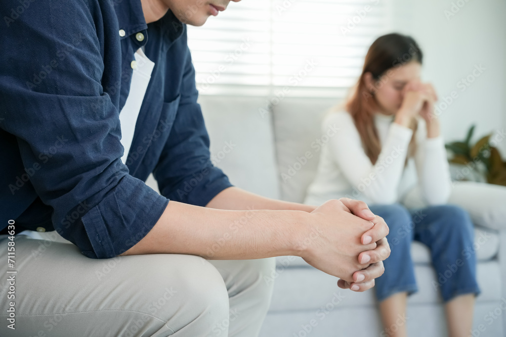 Wall mural divorce. asian couples are desperate and disappointed after marriage. husband and wife are sad, upse