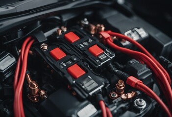 A Car battery with red and black battery Jumper Cables with copper clamps attached to the terminals