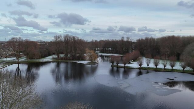 winter landscape with snow in netherlands made by a drone