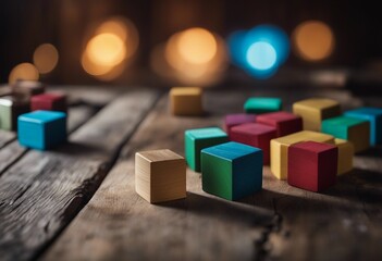 Colored wooden blocks aligned on old vintage wooden table with light coming through and dark shadows