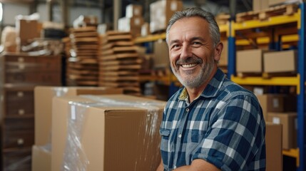 Mature man smiling while packing cardboard boxes in a distribution warehouse. Happy logistics worker preparing goods for shipment.