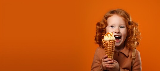 Happy child enjoying ice cream in waffle cone on orange background with space for text - obrazy, fototapety, plakaty