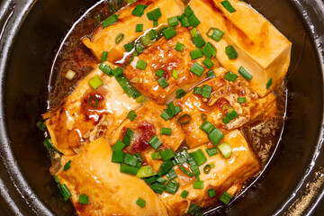 top view fresh claypot tofu at horizontal composition