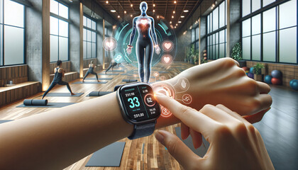 oga enthusiast in modern gym uses advanced smartwatch for holographic health analysis, focusing on fitness metrics. AI Generated