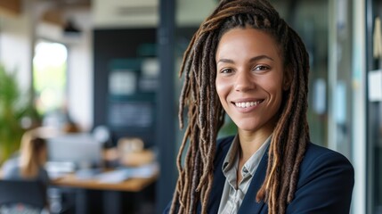 Obraz premium Woman with dreadlocks smiling at business office. Mature and professional business woman leading a corporate team towards success.