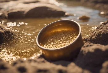 Fotobehang Gold dIscovery Gold on grungy wash pan with river sand Gold panning or digging Very shallow depth of © ArtisticLens