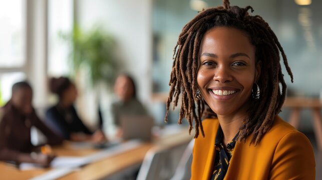 Woman with dreadlocks smiling at business office. Mature and professional business woman leading a corporate team towards success.