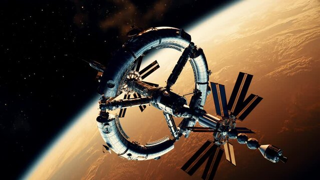 Futuristic space station fly over red planet. 4k. 3d animation.