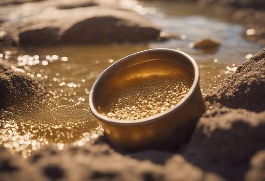 Gold dIscovery Gold on grungy wash pan with river sand Gold panning or digging Very shallow depth of