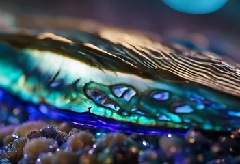 Papier Peint photo Photographie macro High magnification macro of blue abalone pearl shell with vivid iridescent layers