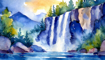 Watercolor Art Painting: Waterfall Dreams Amidst Lush Surroundings Smoothly in Evening