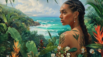 Illustration of a woman with braided hair, surrounded by lush tropical vegetation, facing the ocean. generative ai - obrazy, fototapety, plakaty