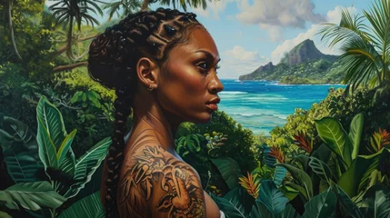 Foto op Plexiglas Illustration of a woman with braided hair, surrounded by lush tropical vegetation, facing the ocean. generative ai © ThisDesign