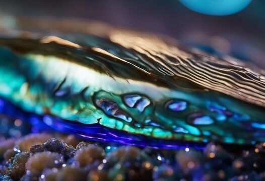 High magnification macro of blue abalone pearl shell with vivid iridescent layers