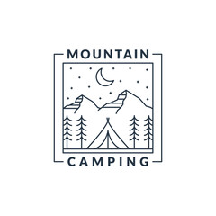 mountain night camping illustration monoline or line art style