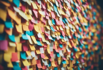 Many colorful sticky notes or adhesive notes on a wall or bulletin board