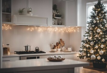 Fototapeta na wymiar Modern White Kitchen with Christmas Tree Hanging Lights