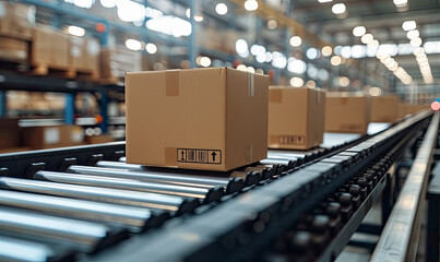 Cardboard boxes on conveyor rollers ready to be shipped by courier for distribution.