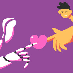 Valentine's Day. AI Robot and human love Flat vector illustration.