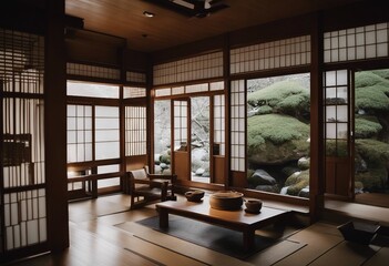 Onsen ryokan or a traditional classic modern Japanese house with Japanese garden in wintertime Wide