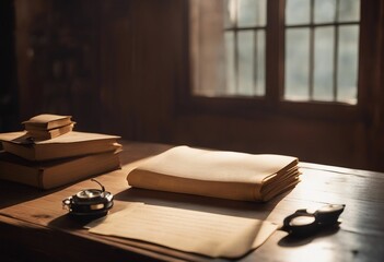 Old documents in blank on a old wooden desk with by the window type light coming in Ready for insert