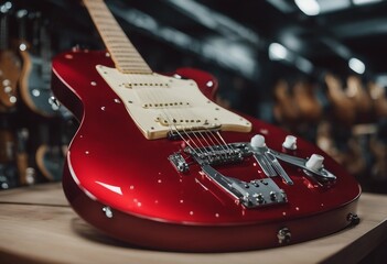 Red electric guitar body on guitar repair desk or in a repair work shop Neck and pickguard detached - obrazy, fototapety, plakaty