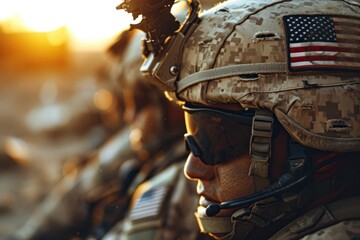 American flag on helmet of US Marine soldie - obrazy, fototapety, plakaty