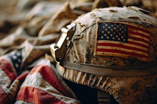 American flag on helmet of US Marine soldie